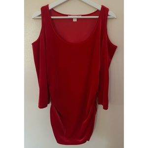 Boston Proper • M • Red Velvet Ruched Sides Open Shoulder Top